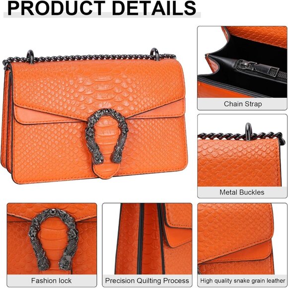 ⚡ Women's Orange Snake Vegan Leather Print Casual Satchel Crossbody Handbag - Picture 5 of 7
